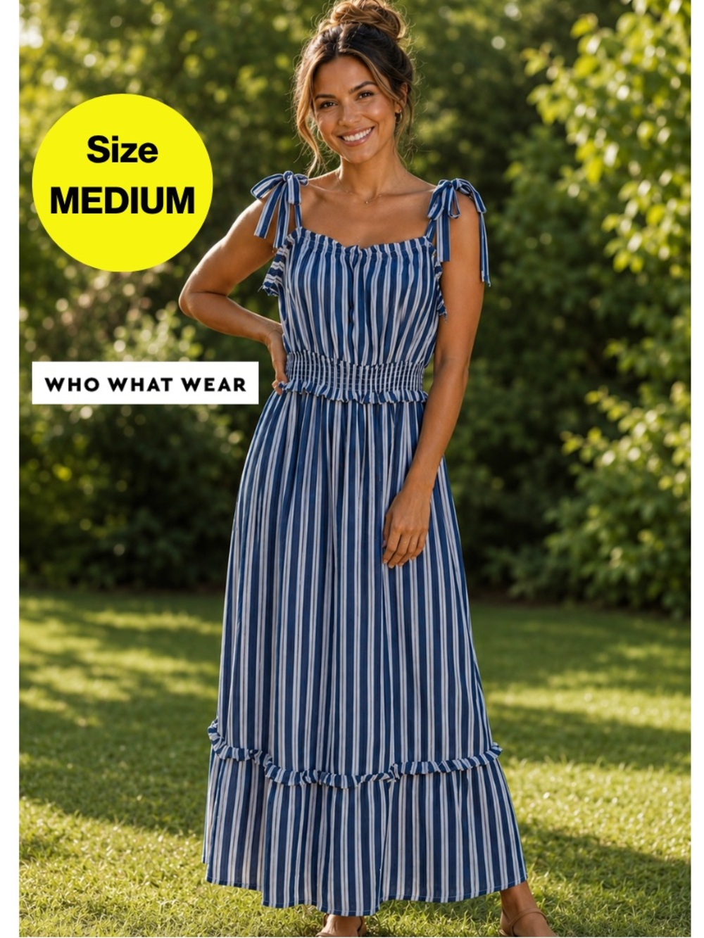 2/for $20 🪩 WHOWHATWEAR Blue, White Striped Tie-Shoulder Maxi Dress (Medium)